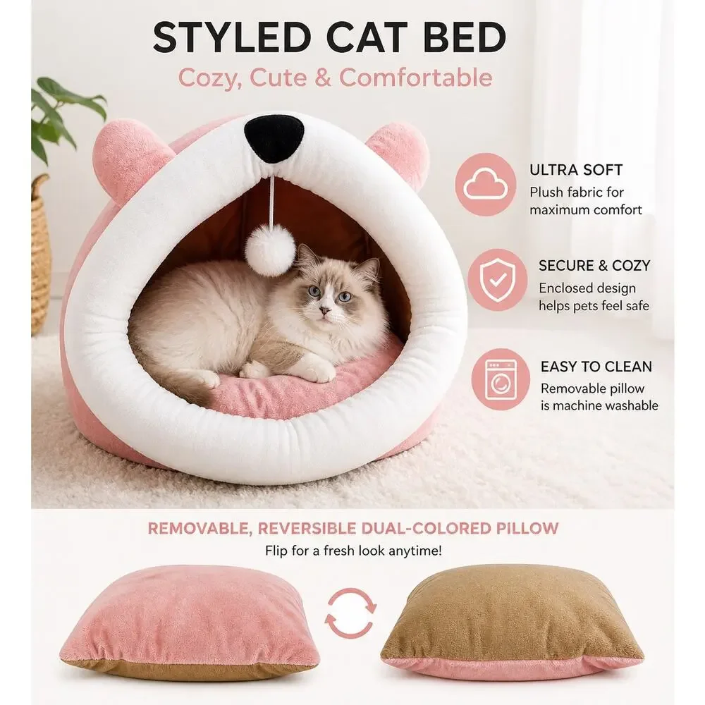 New Pink Kawaii Cat Cave Bed Bear Ears Pom Pom Plush Coquette Small Pet House